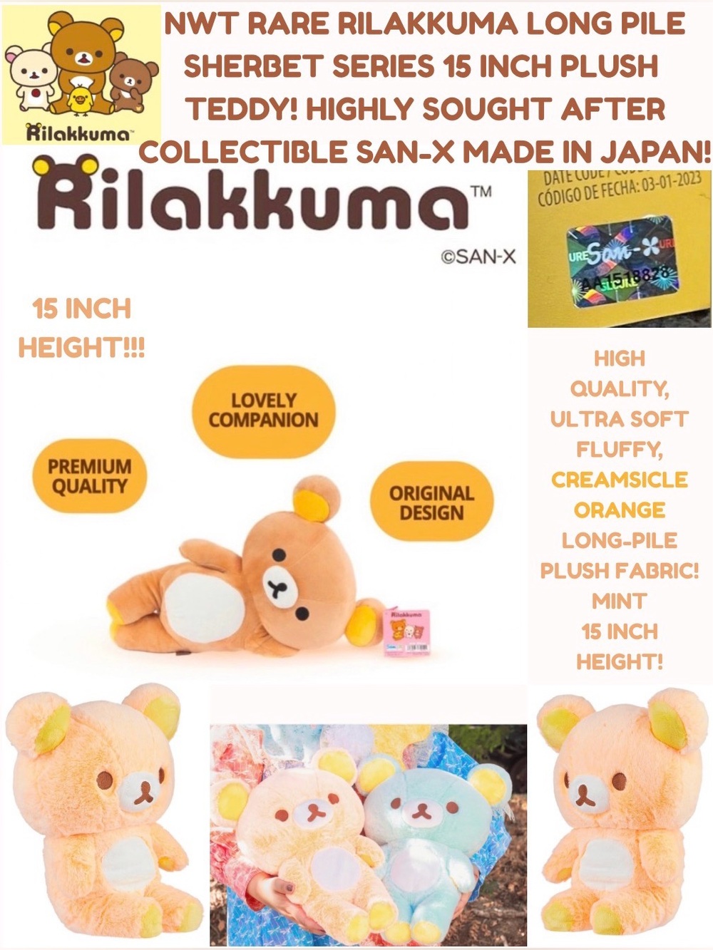 NWT RARE SAN-X RILAKKUMA 15 INCH SHERBET SERIES PLUSH BEAR! MINT!